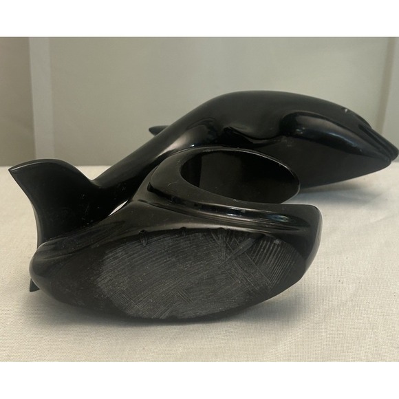 Vintage Black Stone Dolphin Sculpture Marble Style Carved Figurine Nautical MCM - Picture 5 of 5